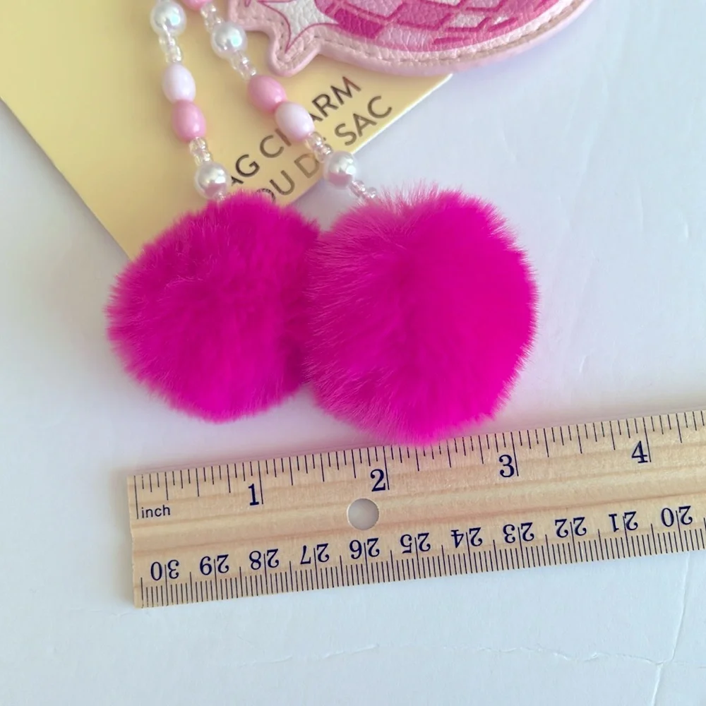 Pink Disco Baby pop art Handbag Charm/Keychain with furry Pom Poms